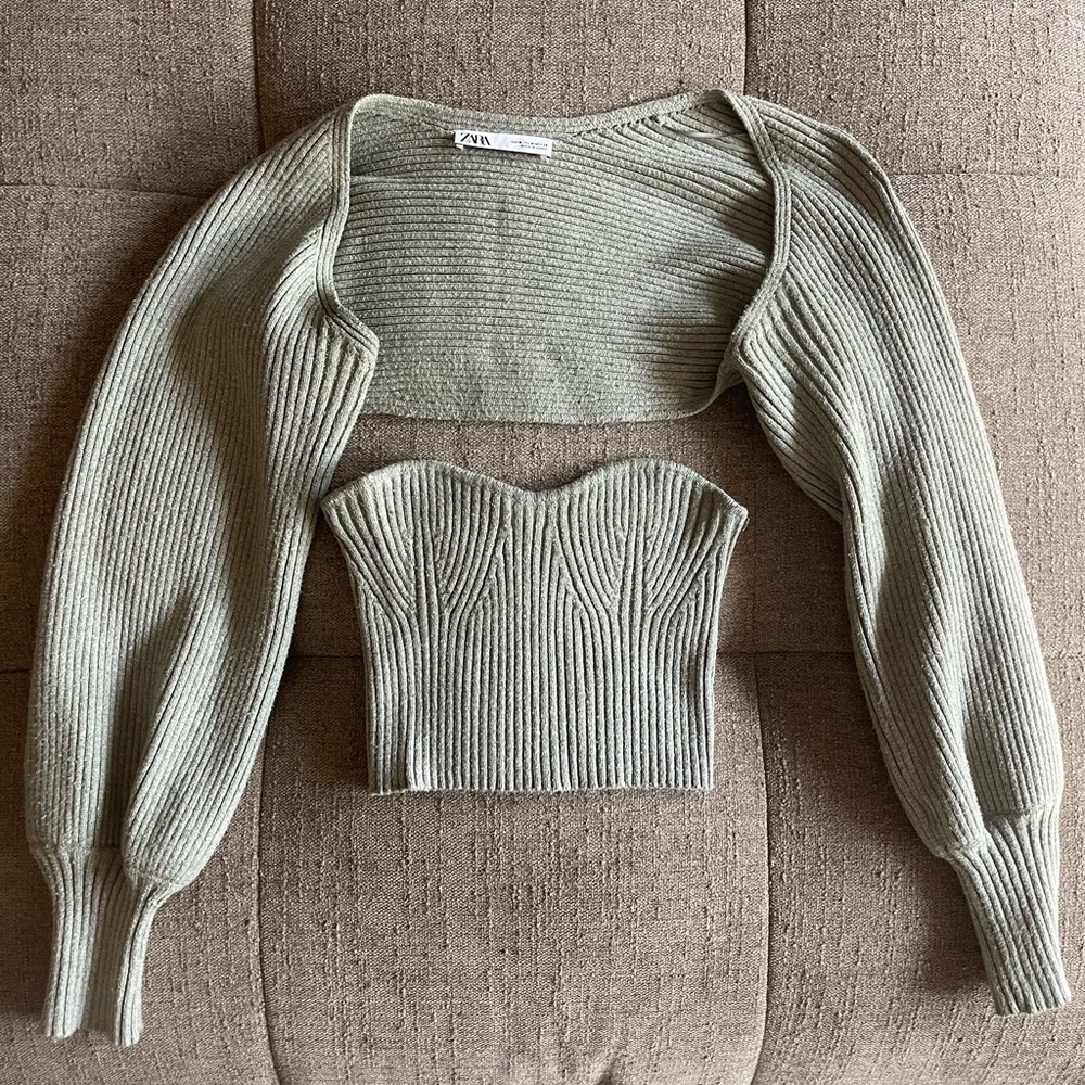 Zara Light Green Knit Top and Bolero Set